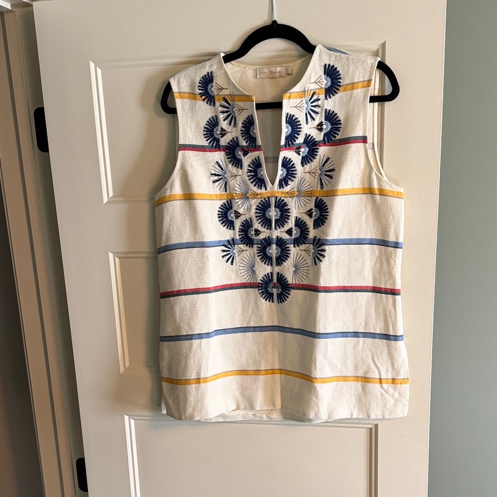 Tory Burch White Sleeveless Top with Blue and Yellow Embroidery